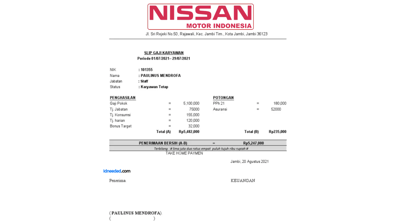 Contoh Slip Gaji Karyawan PT Nissan Motor Indonesia