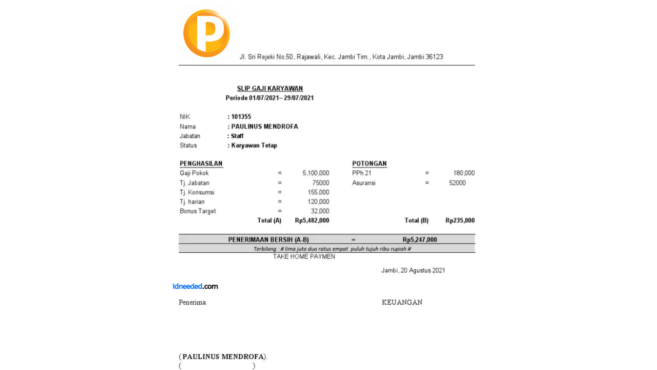 Contoh Slip Gaji Karyawan PT Puspa Pharma