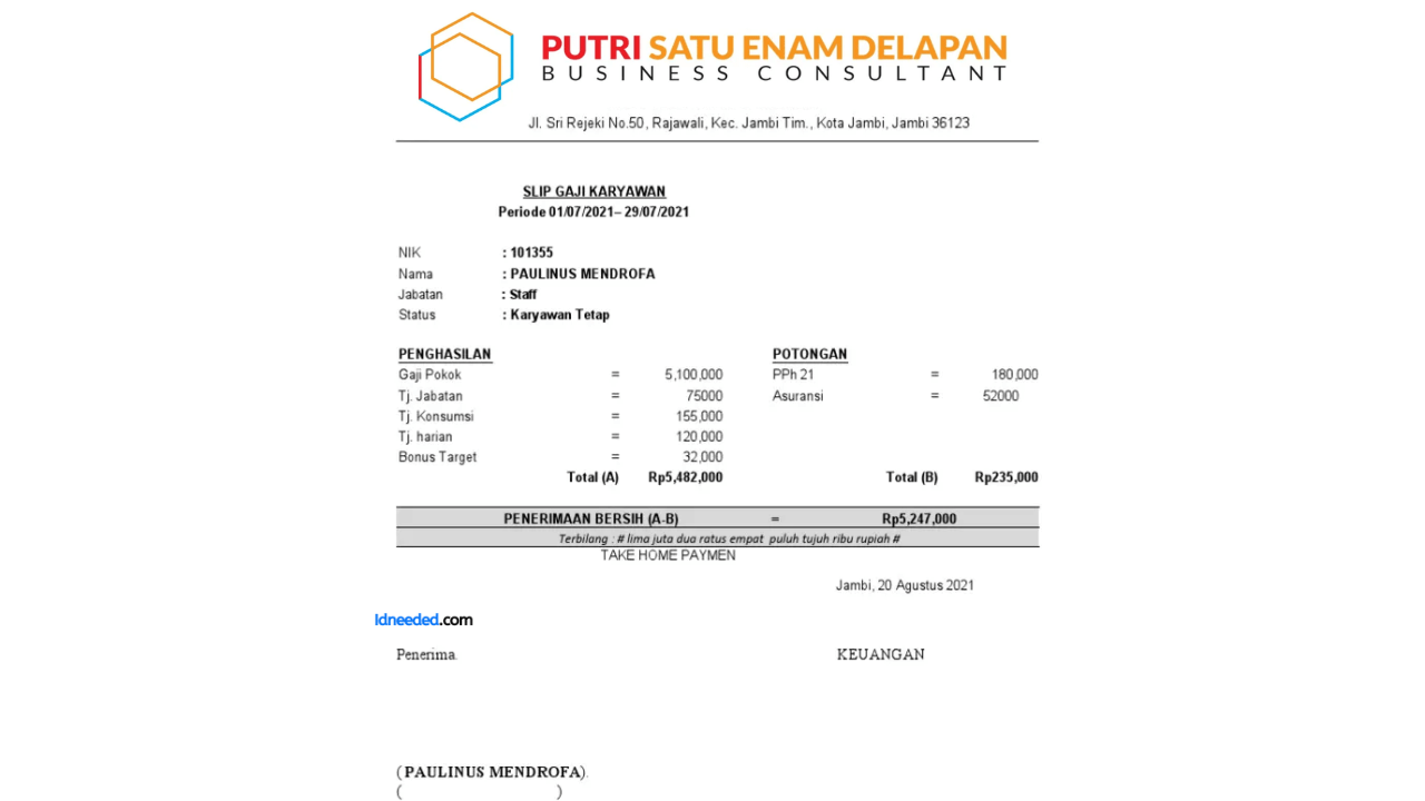 Contoh Slip Gaji Karyawan PT Putri Satu Enam Delapan