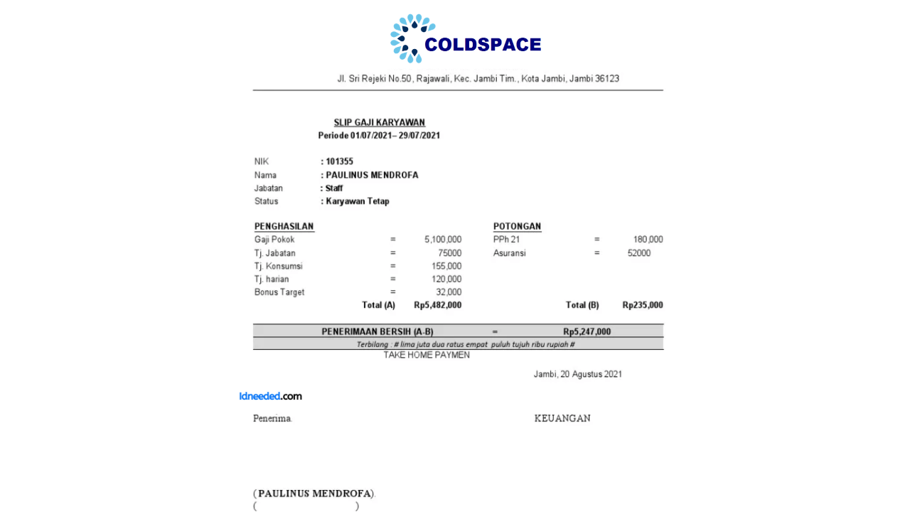 Contoh Slip Gaji Karyawan PT Rantai Dingin Asia (Coldspace)