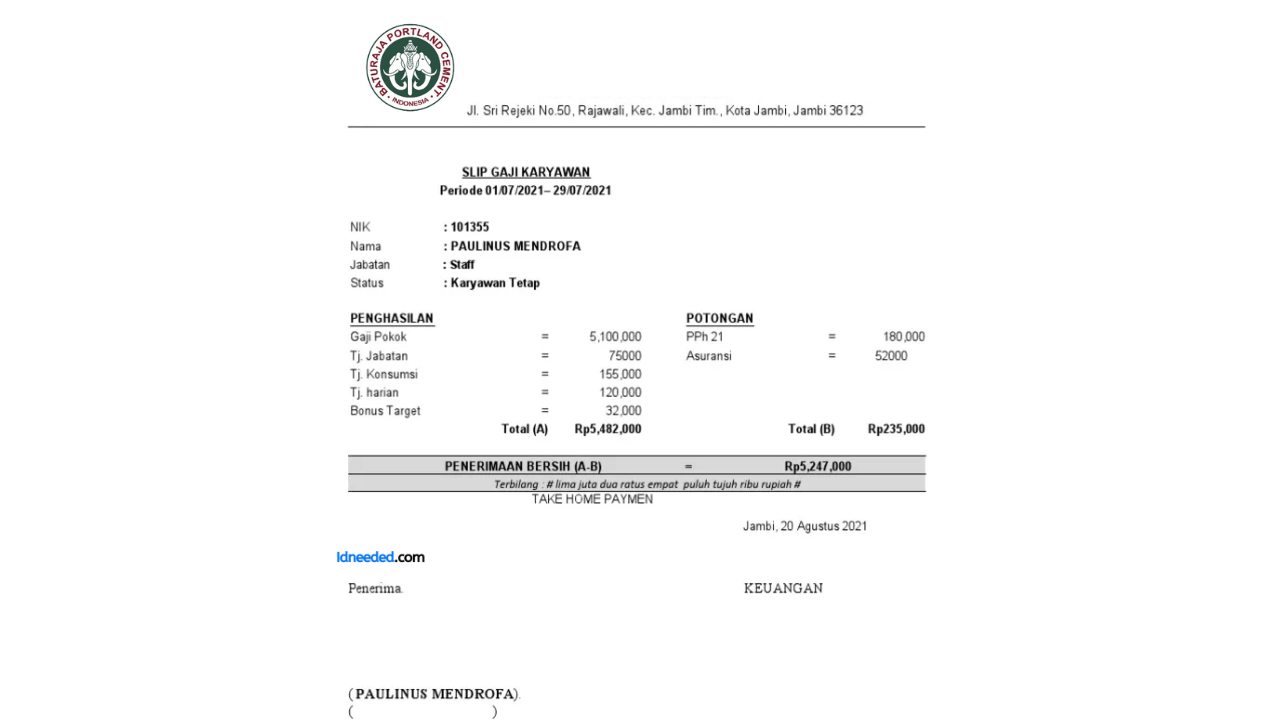 Contoh Slip Gaji Karyawan PT Semen Baturaja Tbk