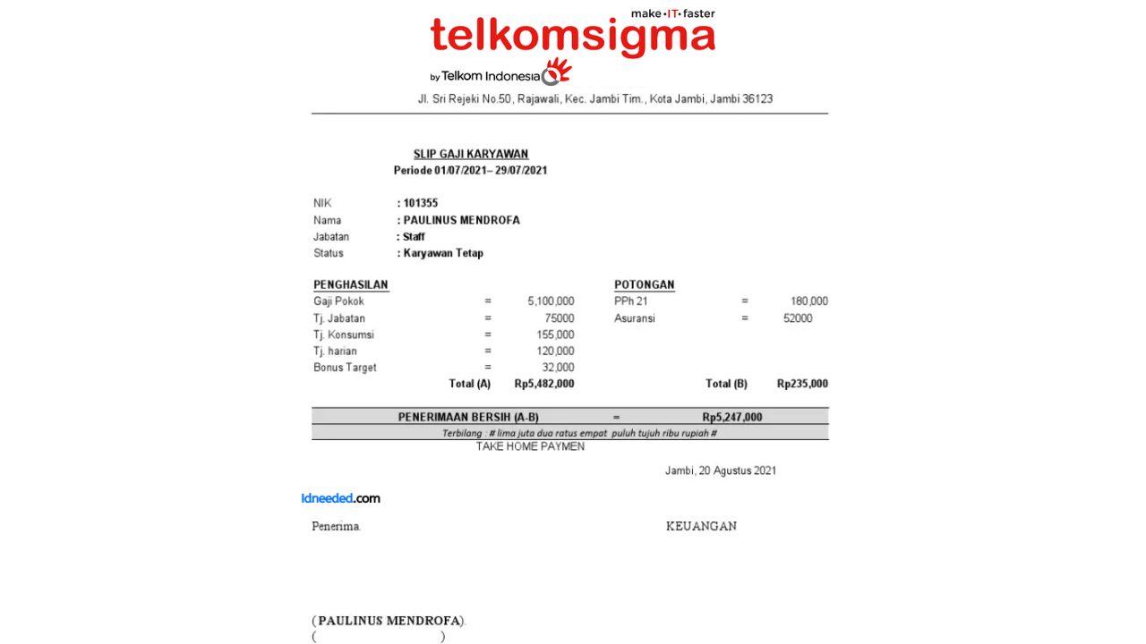 Contoh Slip Gaji Karyawan PT Sigma Cipta Caraka