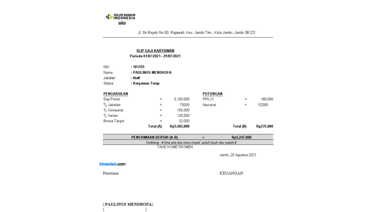 Contoh Slip Gaji Karyawan PT Solusi Bangun Indonesia Tbk