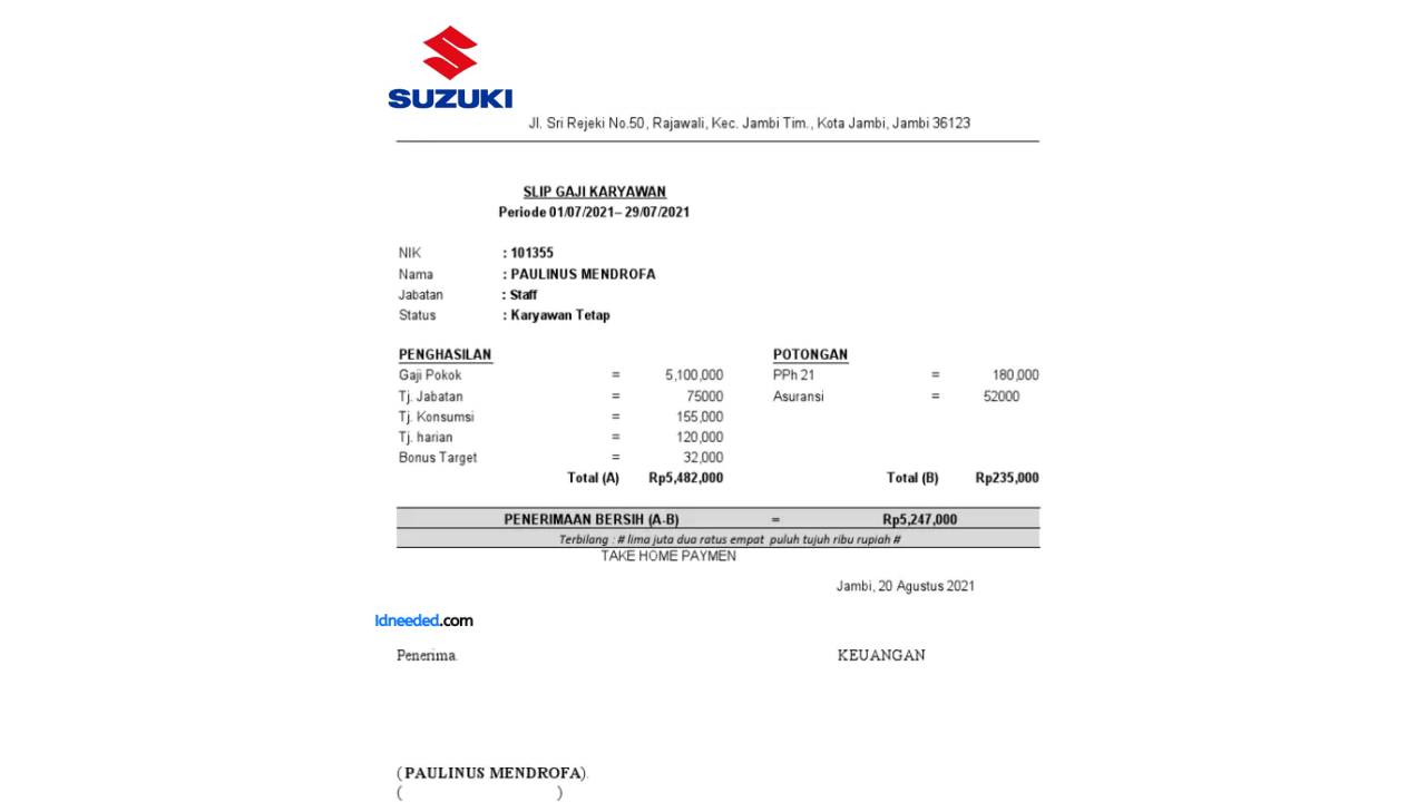 Contoh Slip Gaji Karyawan PT Suzuki Indomobil Motor