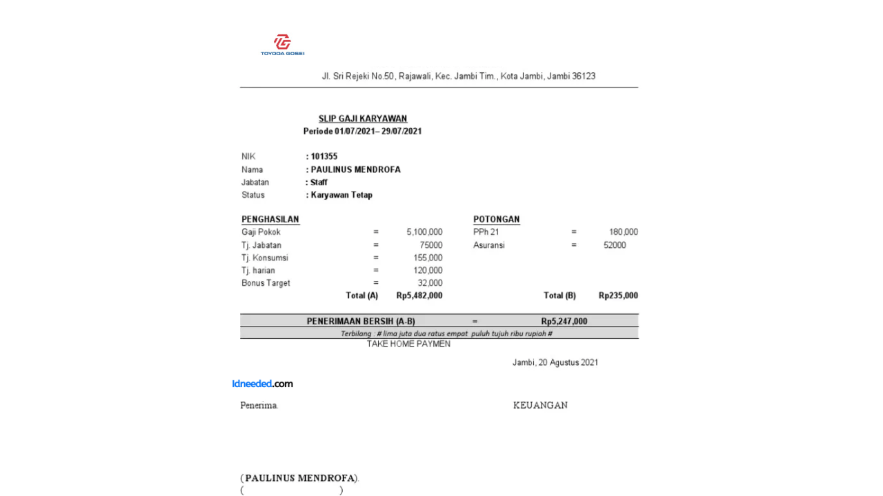 Contoh Slip Gaji Karyawan PT Toyoda Gosei Indonesia