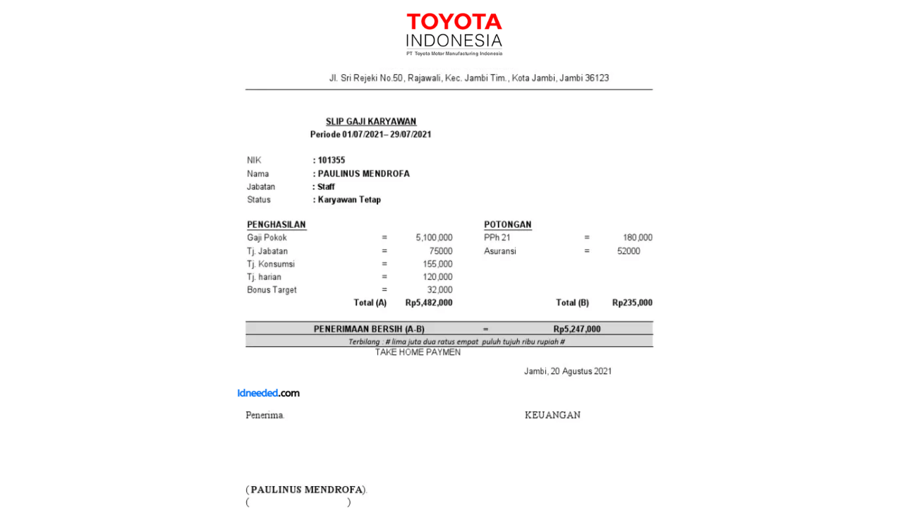 Contoh Slip Gaji Karyawan PT Toyota Motor Manufacturing Indonesia