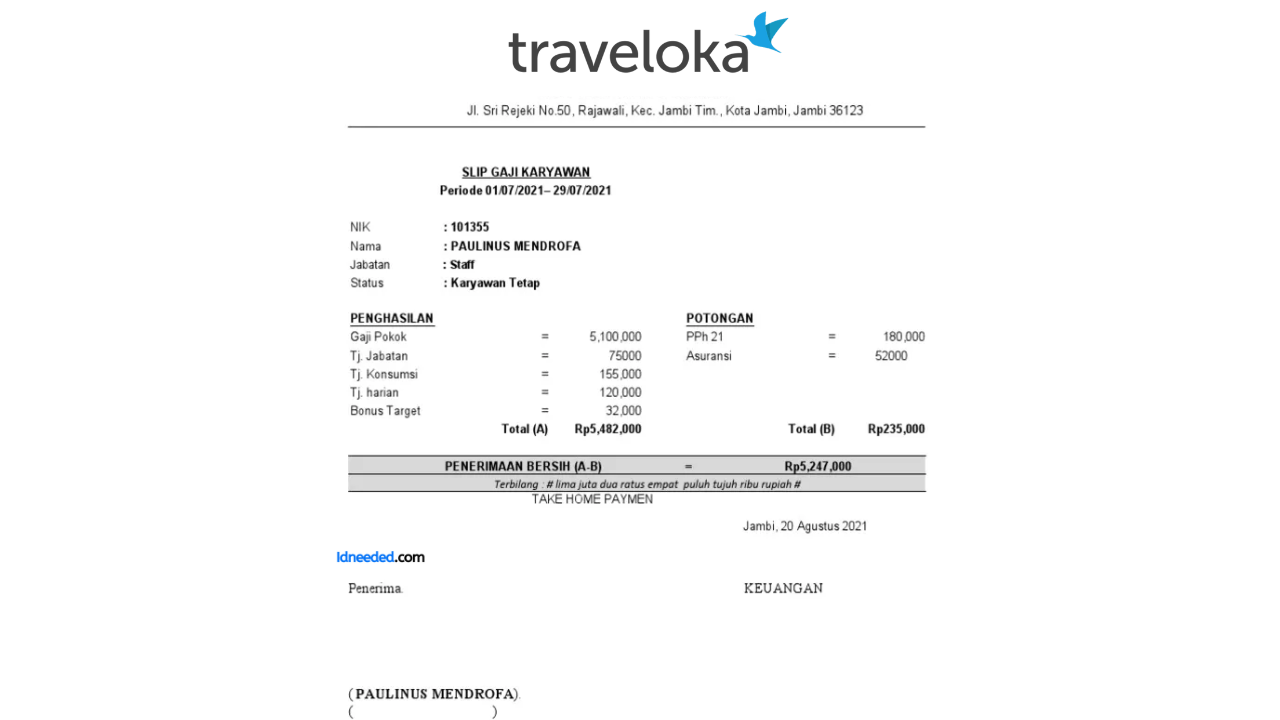 Contoh Slip Gaji Karyawan PT Traveloka Indonesia