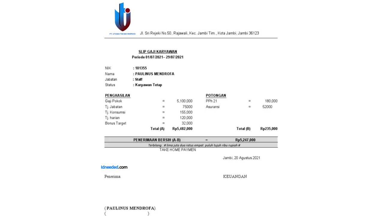 Contoh Slip Gaji Karyawan PT Utama Teknik Inspeksi