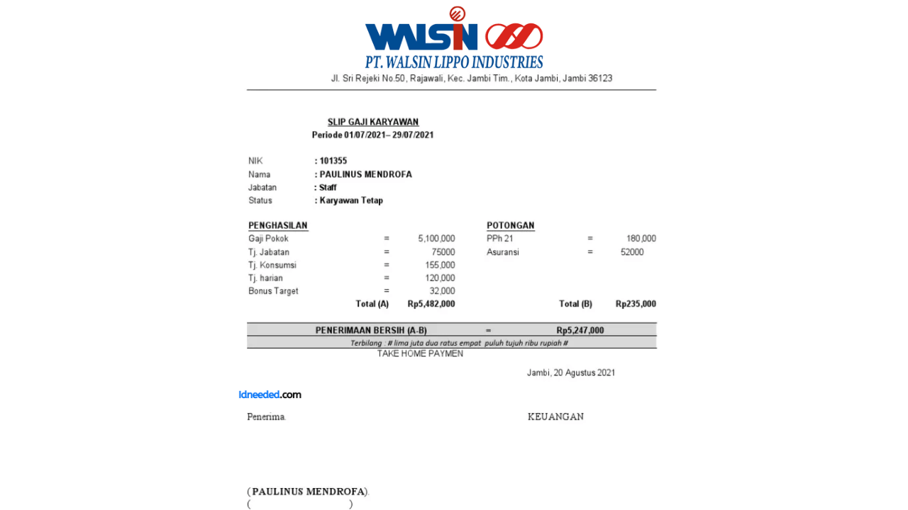 Contoh Slip Gaji Karyawan PT Walsin Lippo Industries