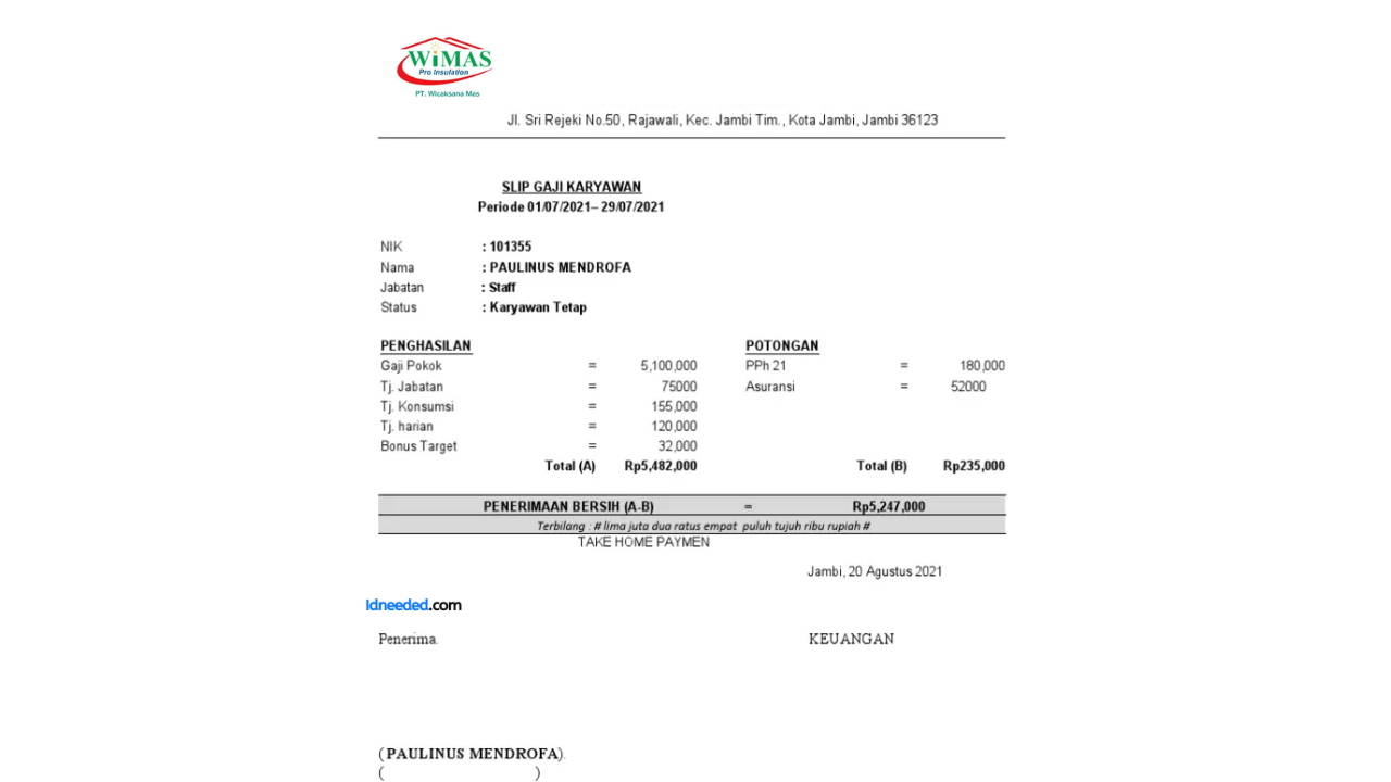 Contoh Slip Gaji Karyawan PT Wicaksana Mas