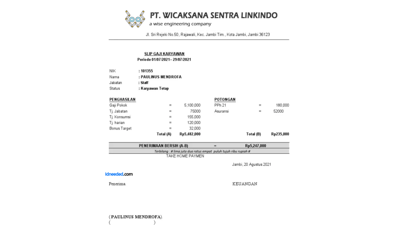 Contoh Slip Gaji Karyawan PT Wicaksana Sentra Linkindo