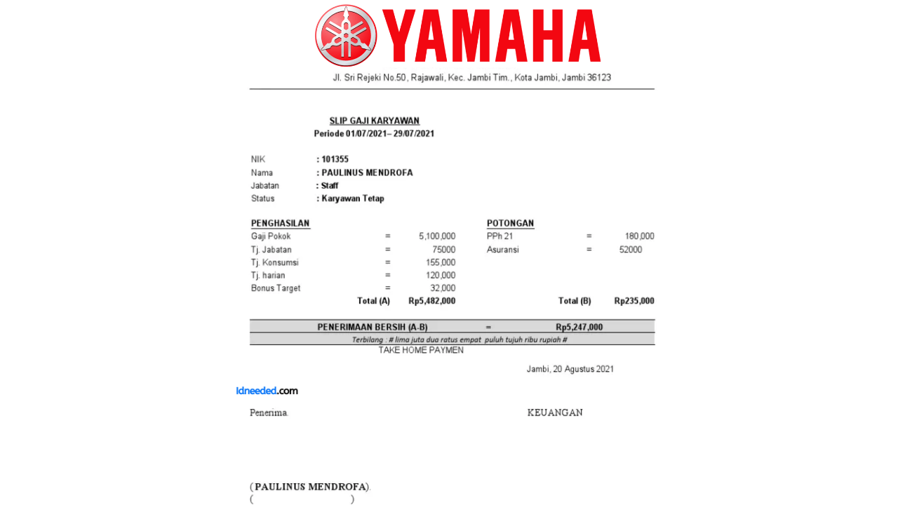 Contoh Slip Gaji Karyawan PT Yamaha Indonesia Motor Manufacturing