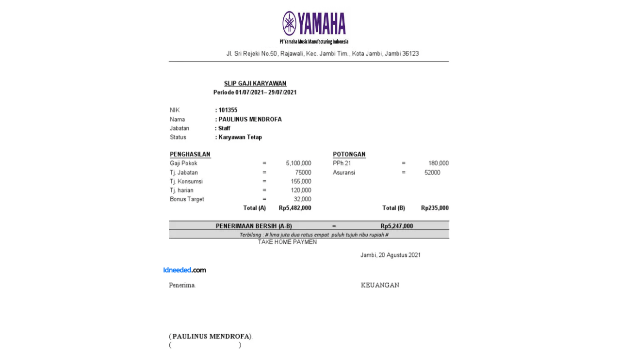 Contoh Slip Gaji Karyawan PT Yamaha Music Manufacturing Asia