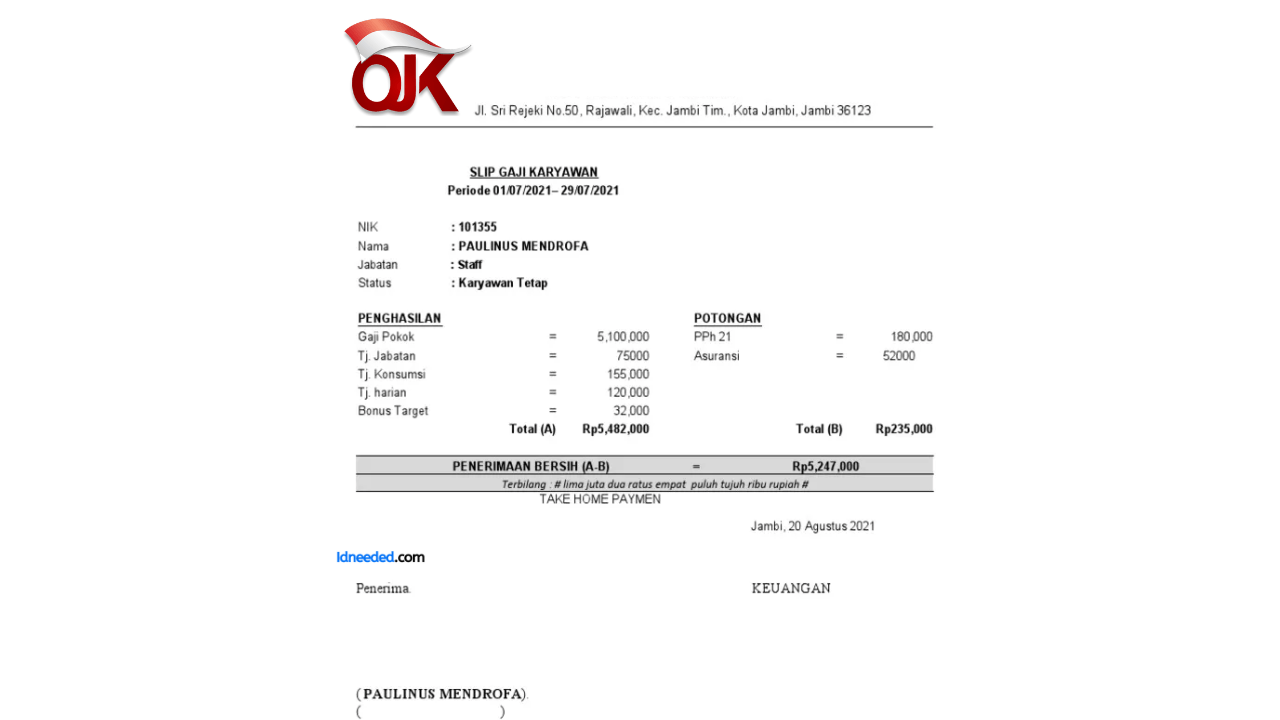 Contoh Slip Gaji Pegawai Otoritas Jasa Keuangan (OJK)