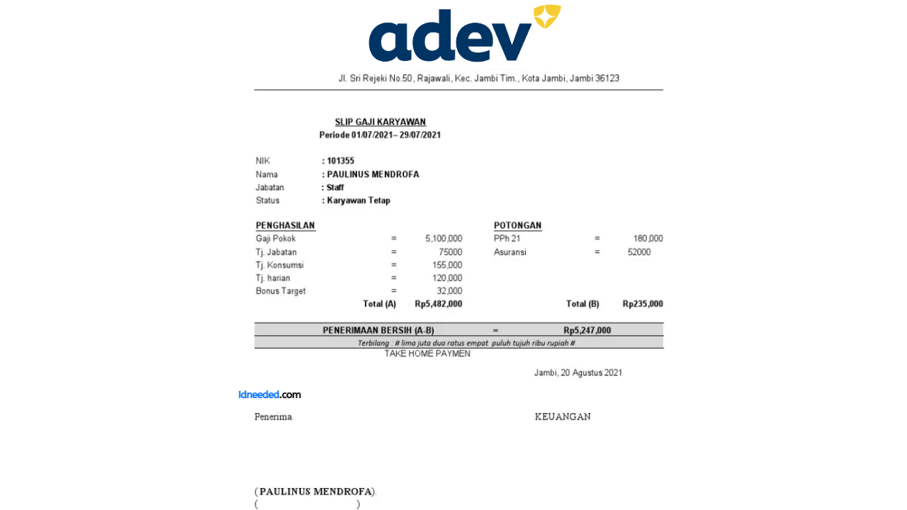 Contoh Slip Gaji Karyawan Adev Natural Indonesia