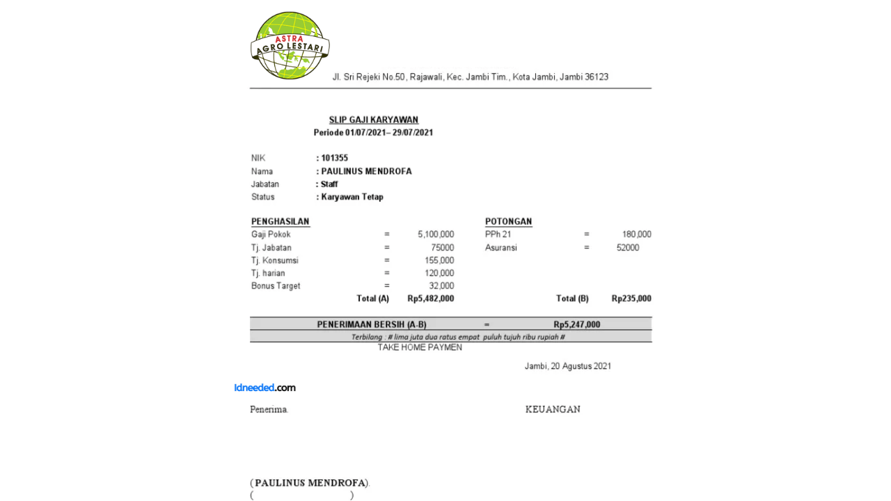 Contoh Slip Gaji Karyawan Astra Agro Lestari