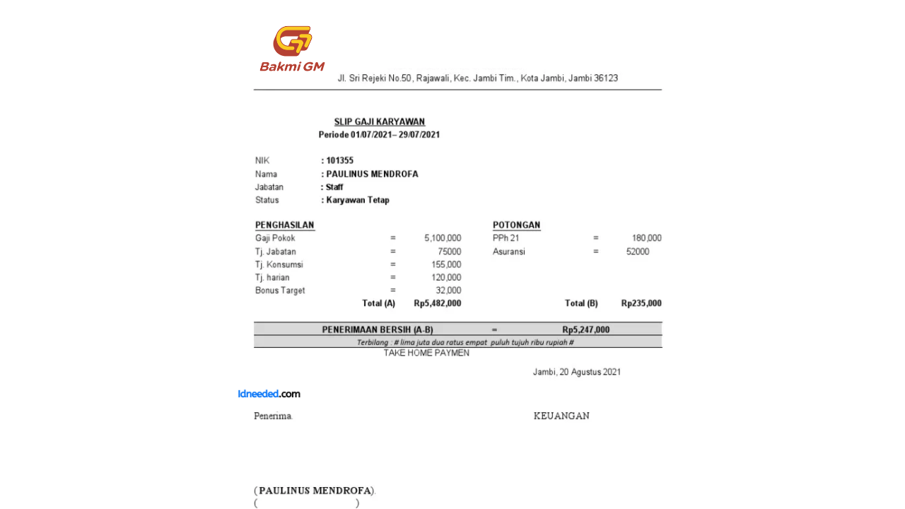 Contoh Slip Gaji Karyawan Bakmi GM