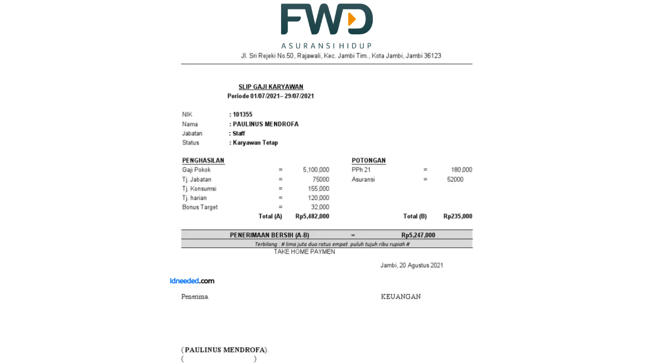 Contoh Slip Gaji Karyawan FWD Insurance Indonesia