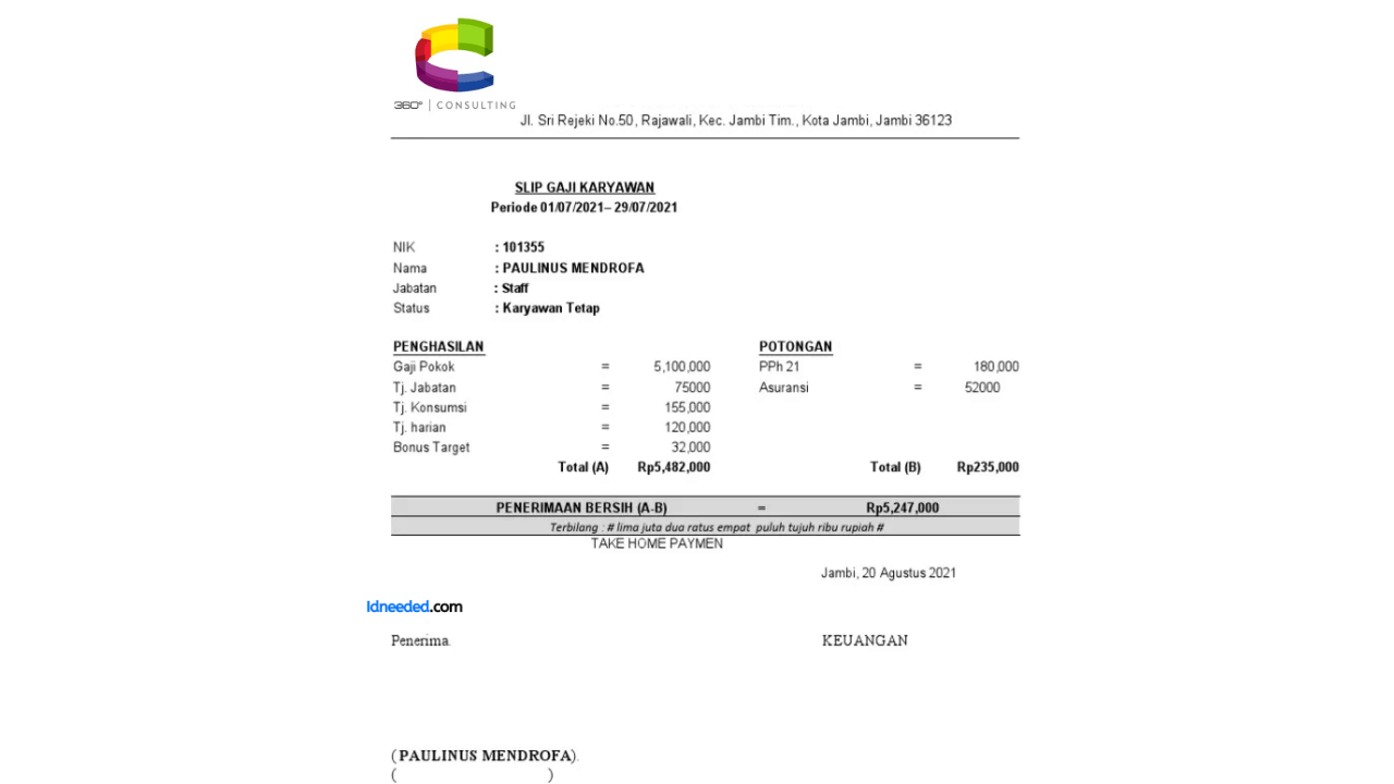 Contoh Slip Gaji Karyawan PT 360 Teknologi Indonesia
