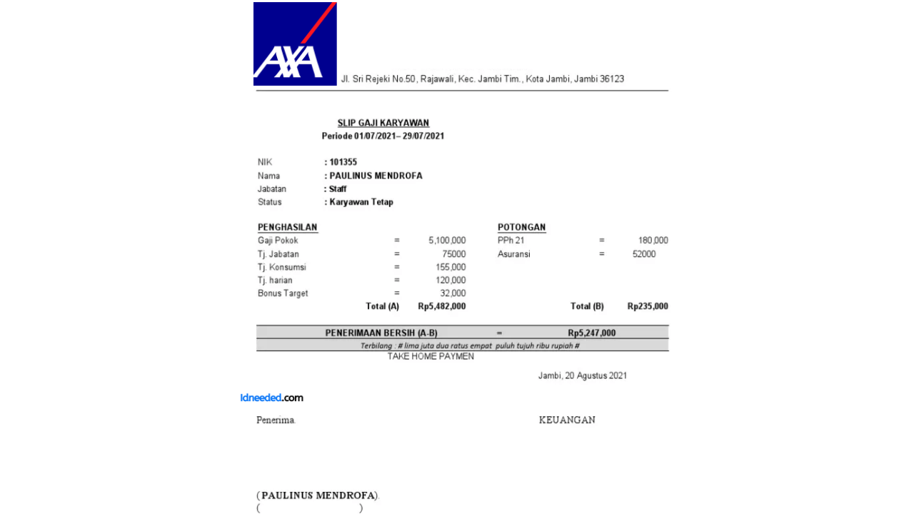 Contoh Slip Gaji Karyawan PT AXA Financial Indonesia