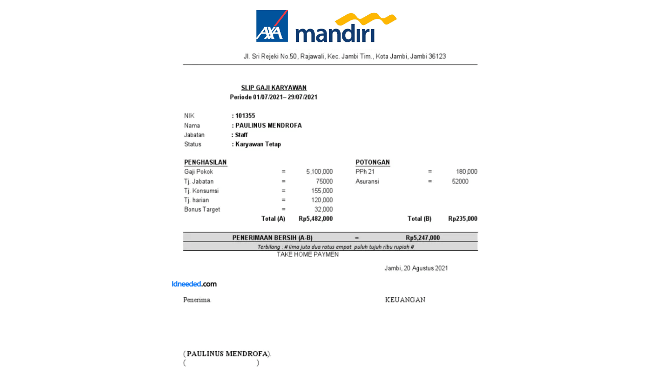 Contoh Slip Gaji Karyawan PT AXA Mandiri Financial Services