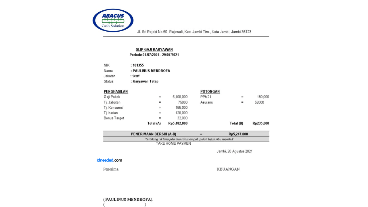 Contoh Slip Gaji Karyawan PT Abacus Cash Solution