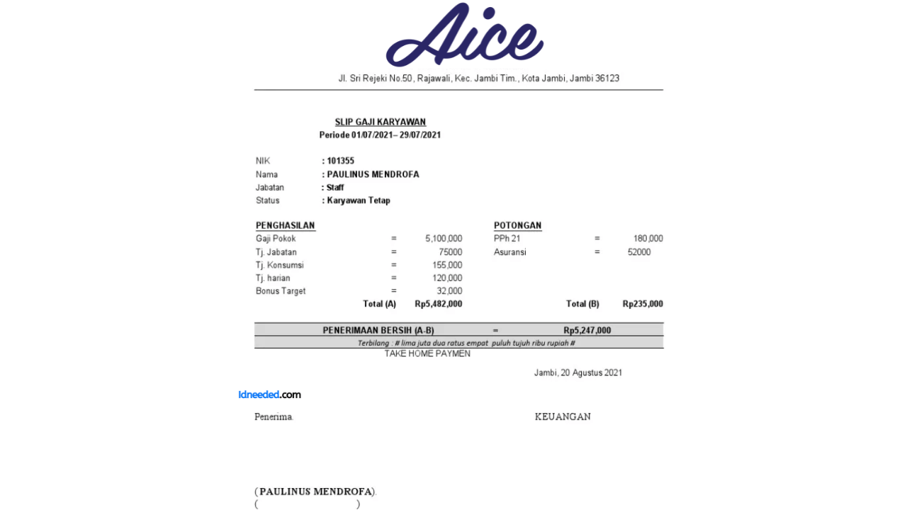 Contoh Slip Gaji Karyawan PT Aice Ice Cream Jatim Industry