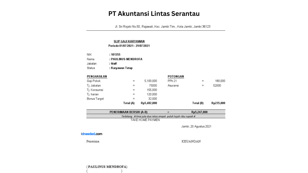 Contoh Slip Gaji Karyawan PT Akuntansi Lintas Serantau