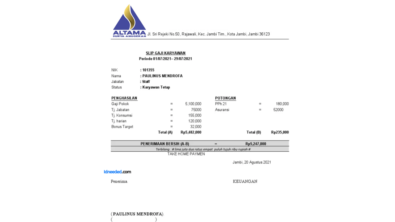 Contoh Slip Gaji Karyawan PT Altama Surya Anugerah