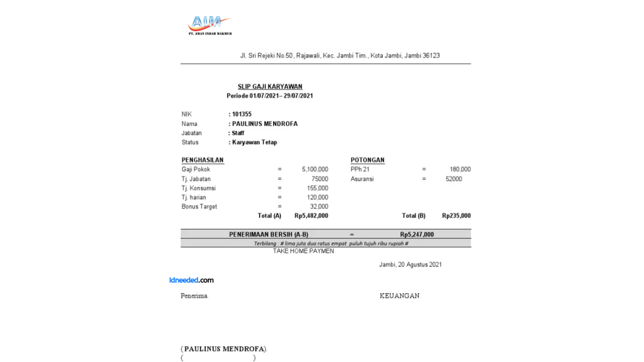 Contoh Slip Gaji Karyawan PT Aman Indah Makmur