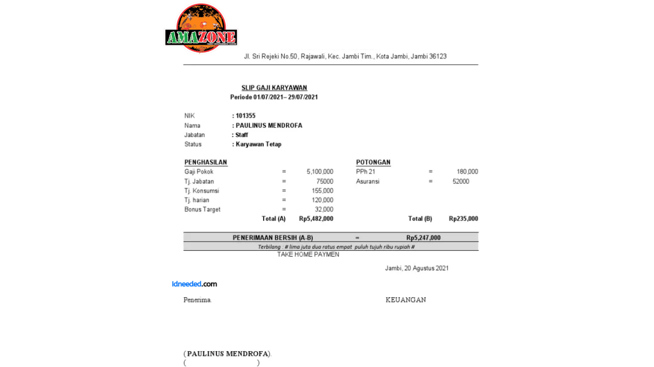 Contoh Slip Gaji Karyawan PT Amazone Dunia Rekreasi