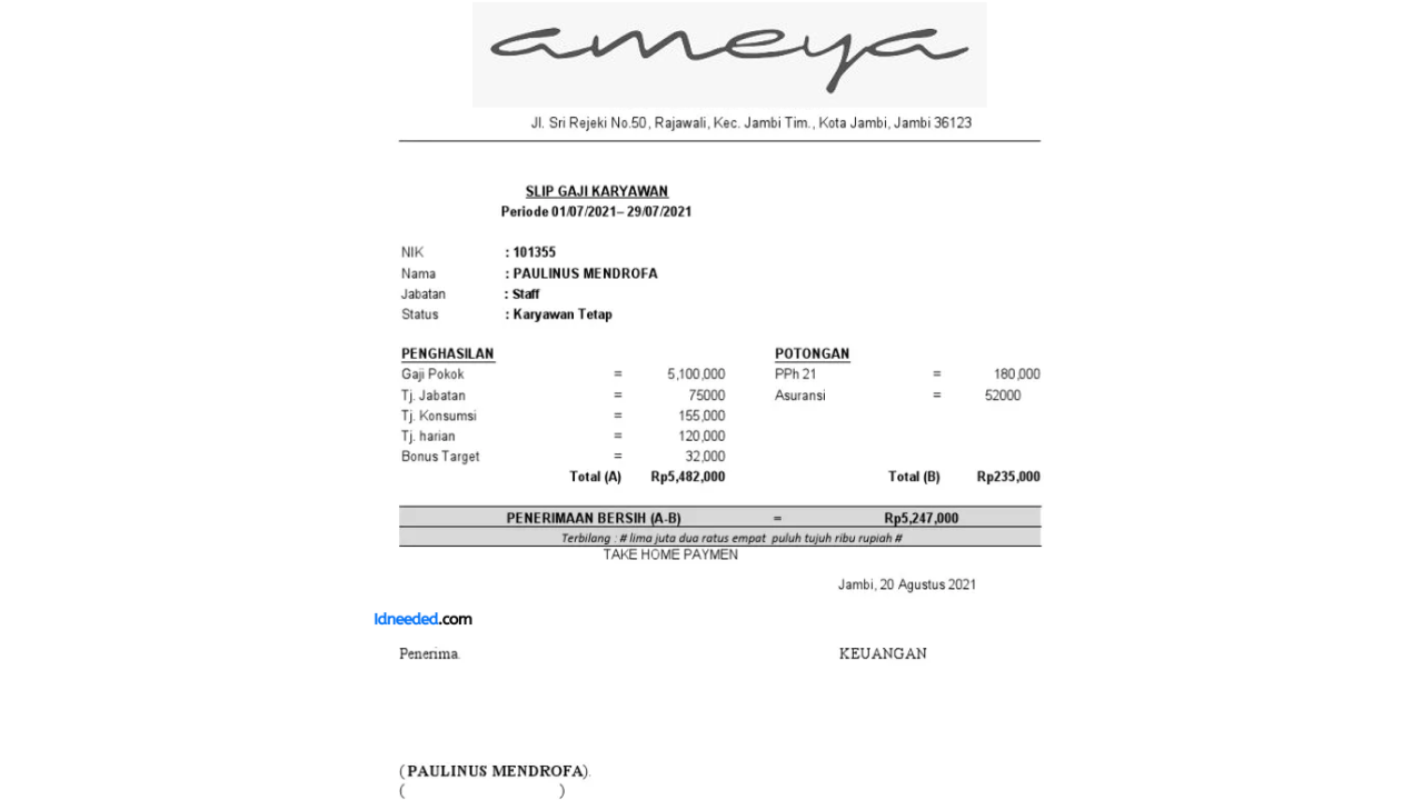 Contoh Slip Gaji Karyawan PT Ameya Livingstyle Indonesia