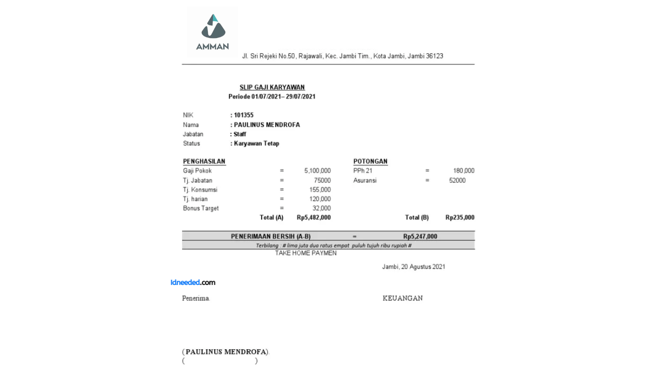 Contoh Slip Gaji Karyawan PT Amman Mineral Nusa Tenggara