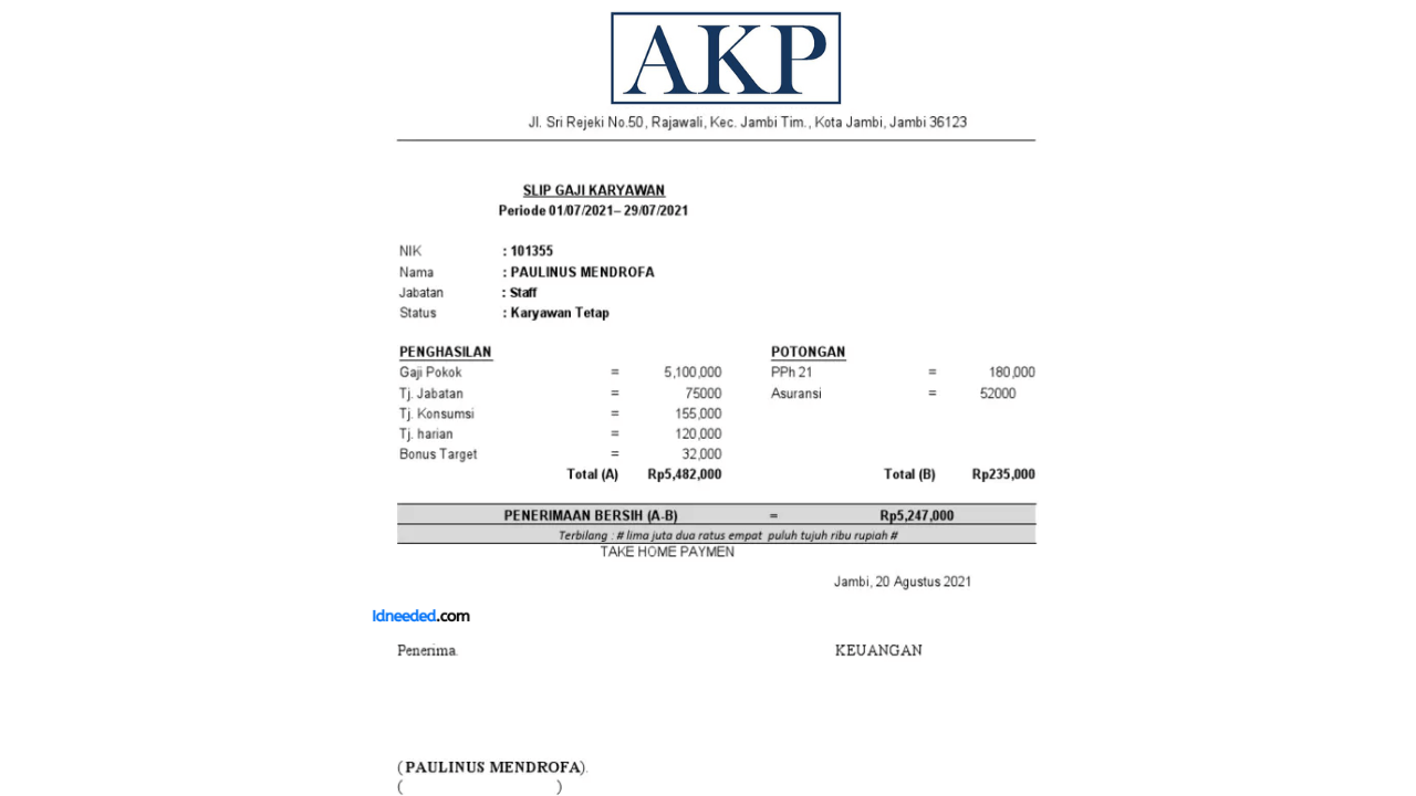 Contoh Slip Gaji Karyawan PT Anggana Kurnia Putra