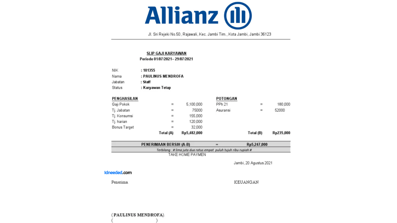 Contoh Slip Gaji Karyawan PT Asuransi Allianz Life Indonesia