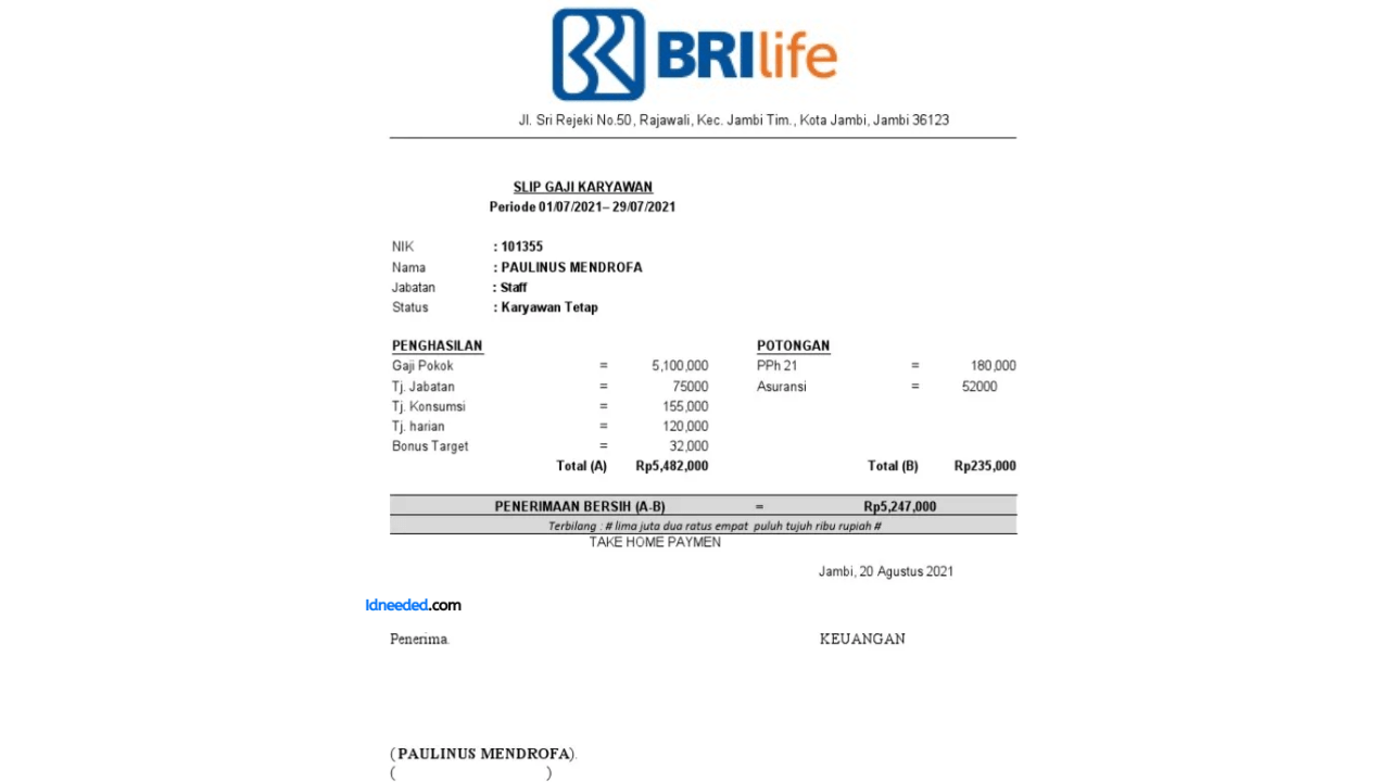 Contoh Slip Gaji Karyawan PT Asuransi BRI Life