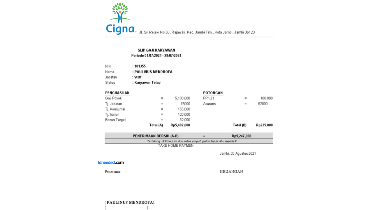 Contoh Slip Gaji Karyawan PT Asuransi Cigna