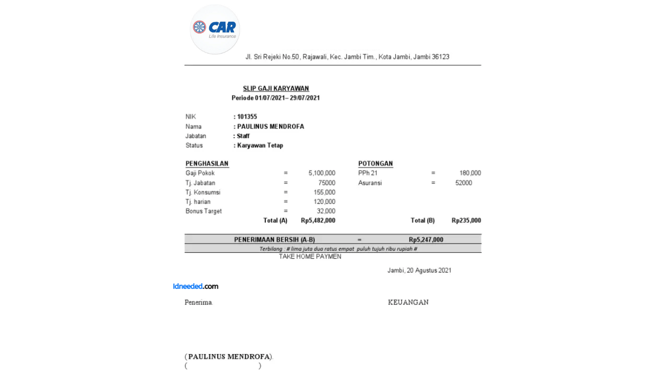 Contoh Slip Gaji Karyawan PT Asuransi Jiwa Central Asia Raya