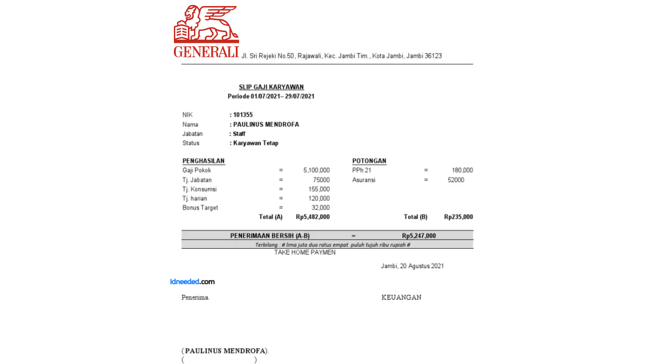 Contoh Slip Gaji Karyawan PT Asuransi Jiwa Generali Indonesia