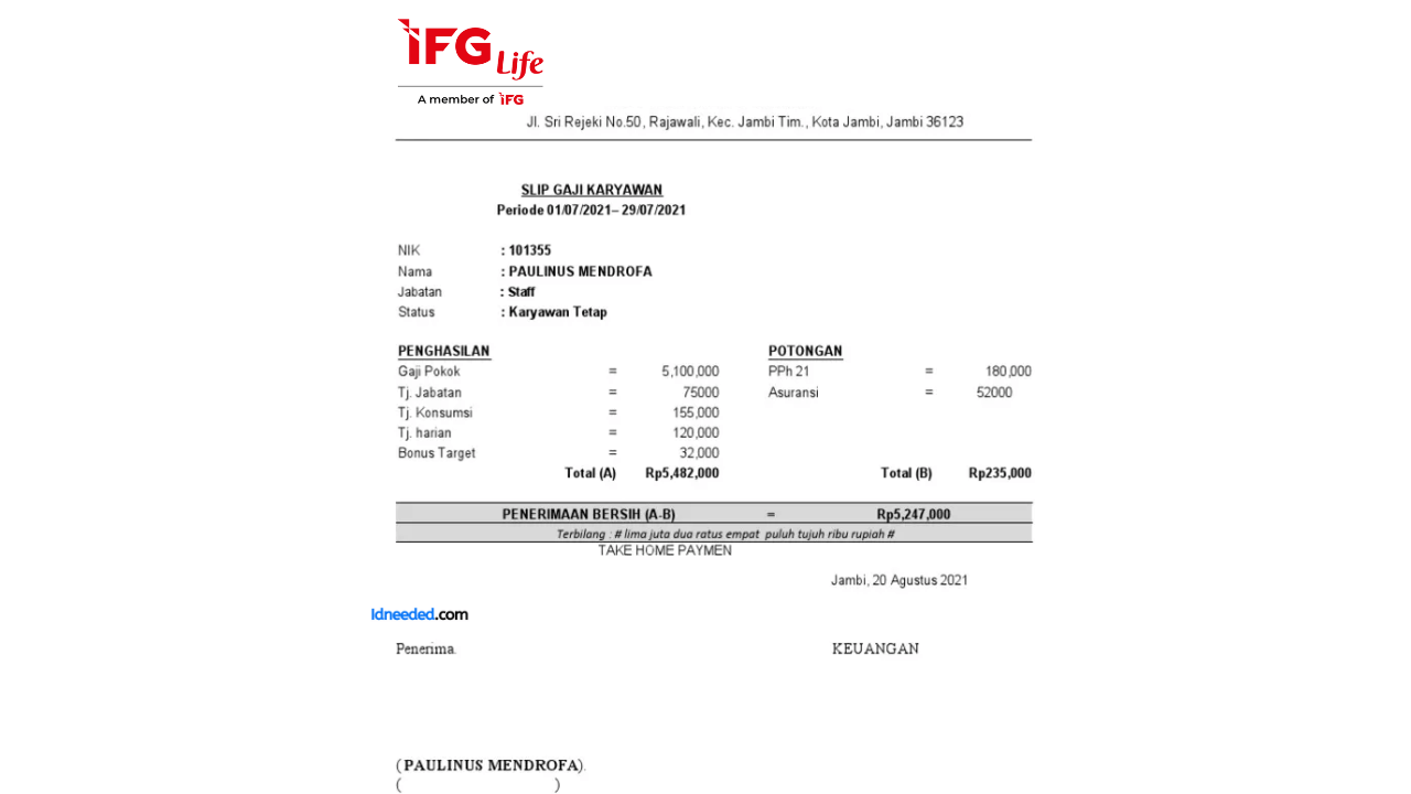 Contoh Slip Gaji Karyawan PT Asuransi Jiwa IFG