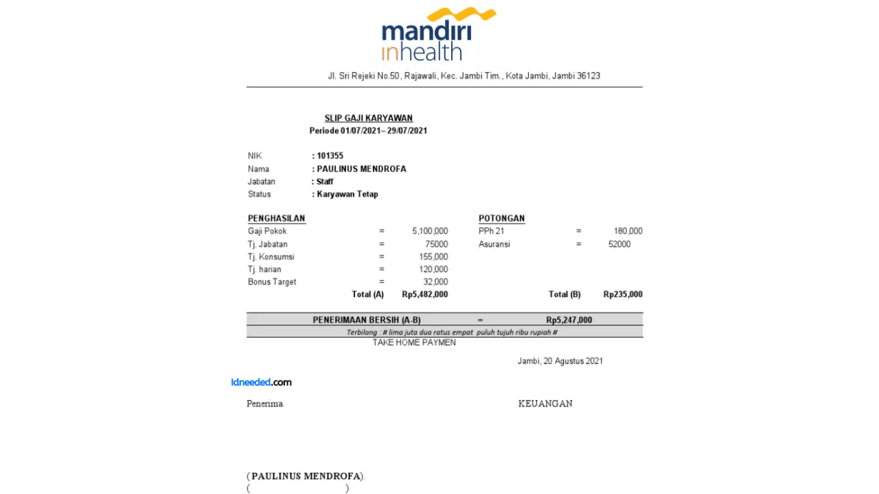 Contoh Slip Gaji Karyawan PT Asuransi Jiwa Inhealth Indonesia