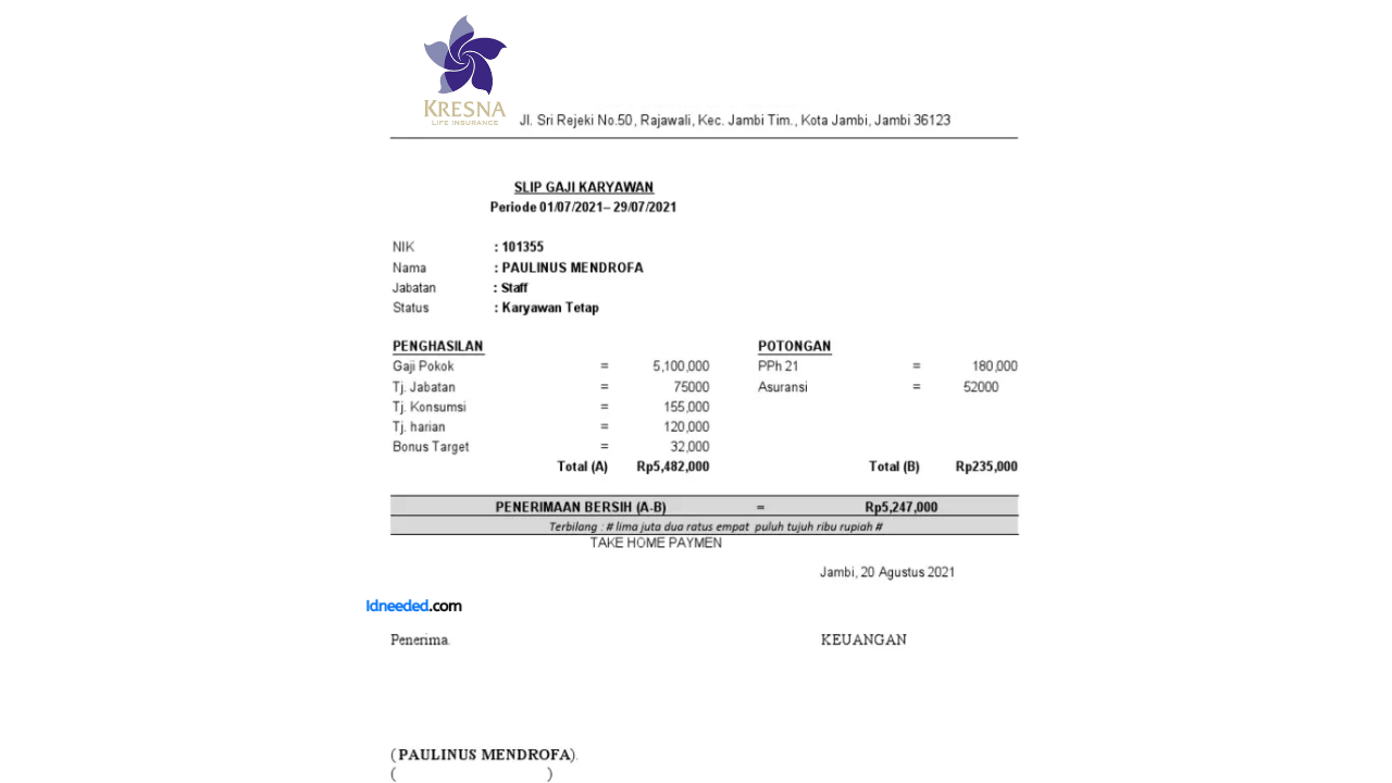 Contoh Slip Gaji Karyawan PT Asuransi Jiwa Kresna