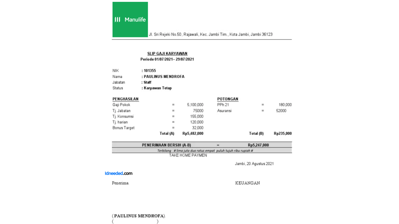 Contoh Slip Gaji Karyawan PT Asuransi Jiwa Manulife Indonesia