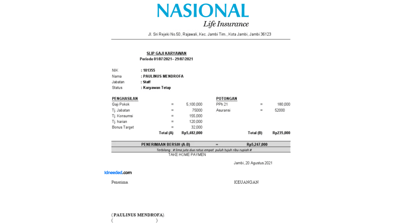 Contoh Slip Gaji Karyawan PT Asuransi Jiwa Nasional