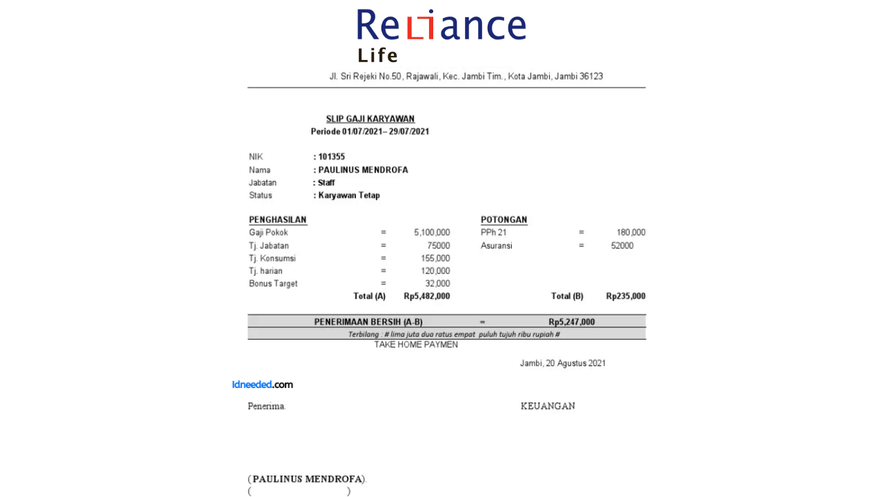 Contoh Slip Gaji Karyawan PT Asuransi Jiwa Reliance Indonesia