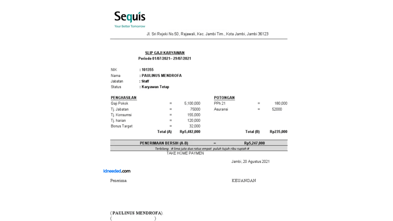 Contoh Slip Gaji Karyawan PT Asuransi Jiwa Sequis Life