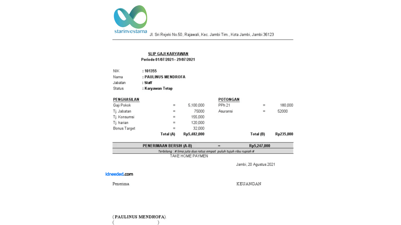 Contoh Slip Gaji Karyawan PT Asuransi Jiwa Starinvestama