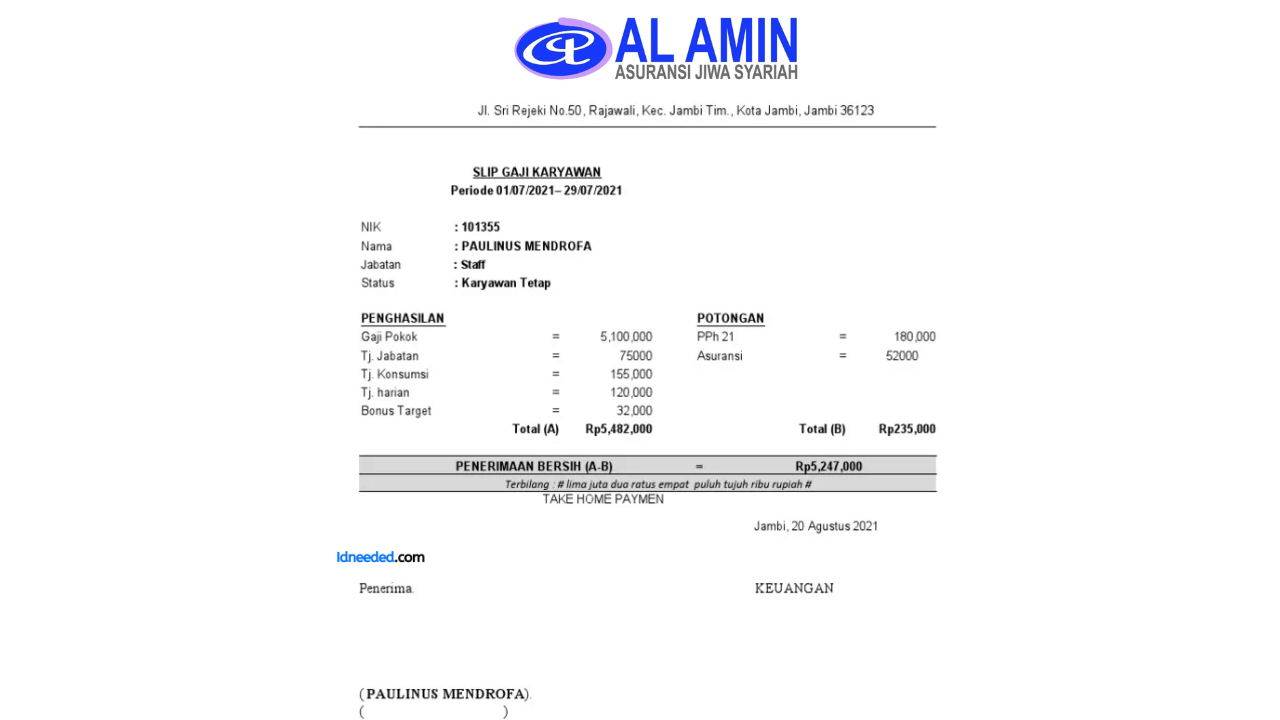 Contoh Slip Gaji Karyawan PT Asuransi Jiwa Syariah Al-Amin