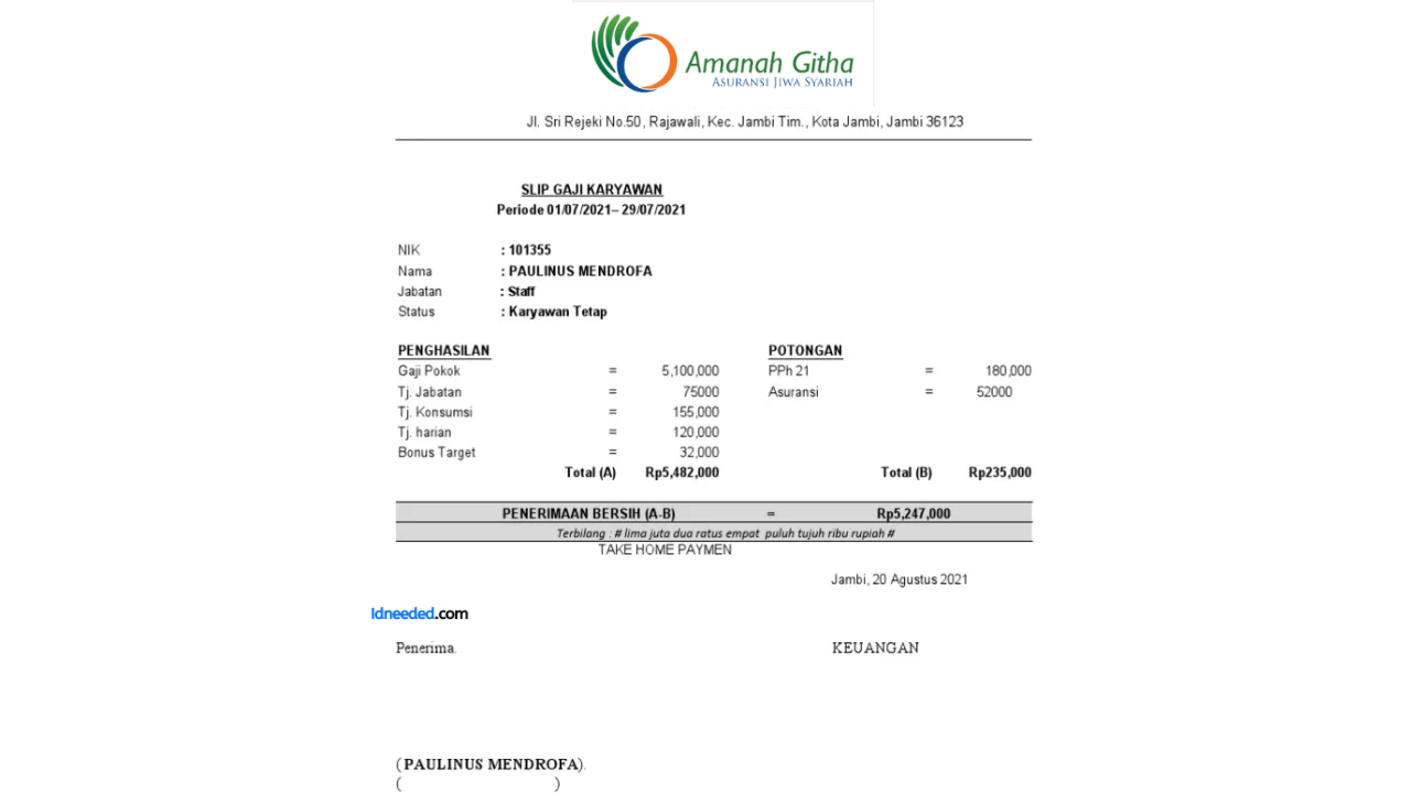 Contoh Slip Gaji Karyawan PT Asuransi Jiwa Syariah Amanah Giri Artha