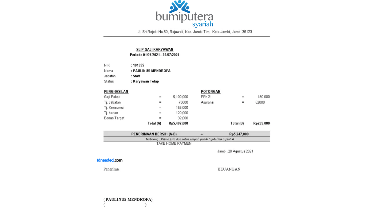 Contoh Slip Gaji Karyawan PT Asuransi Jiwa Syariah Bumiputera